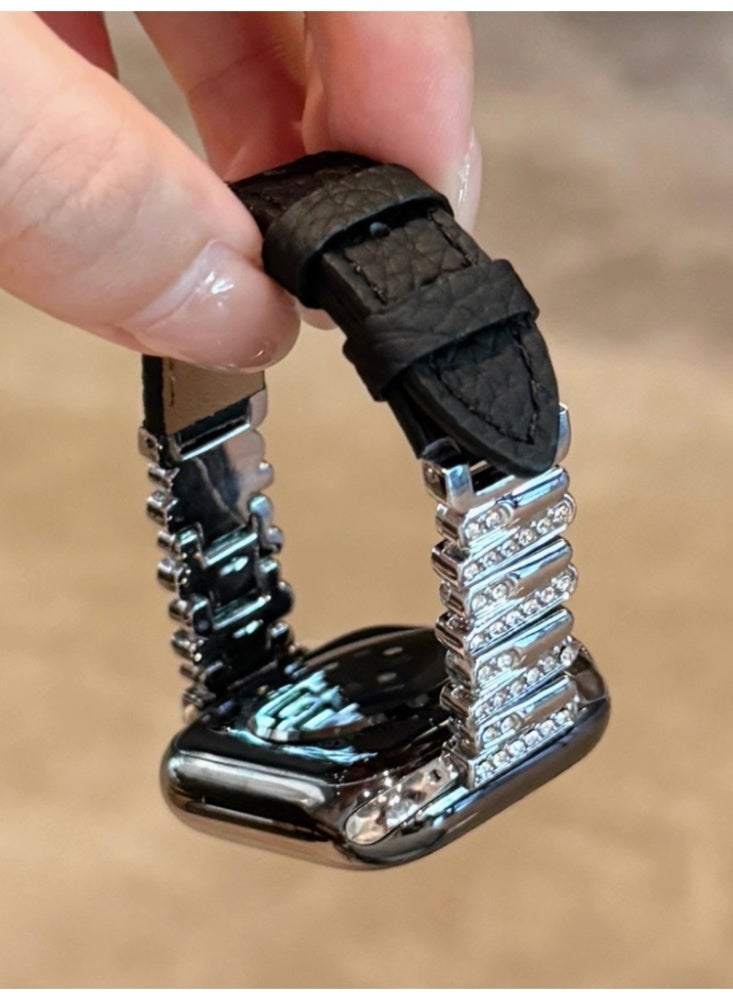 Irregular Diamond Studded Lychee Patterned Leather Watch Strap Black Belt, Silver Buckle Strap Only Suitable For 40mm (4th to 6th Generation/SE) - Image 1